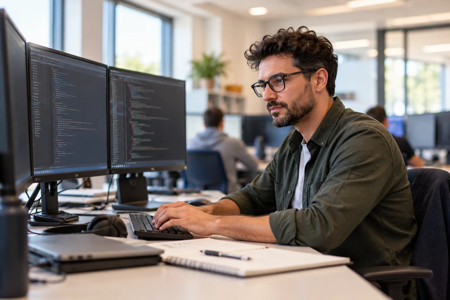 An adult student writing code at a two-screen workstation in a university computer lab