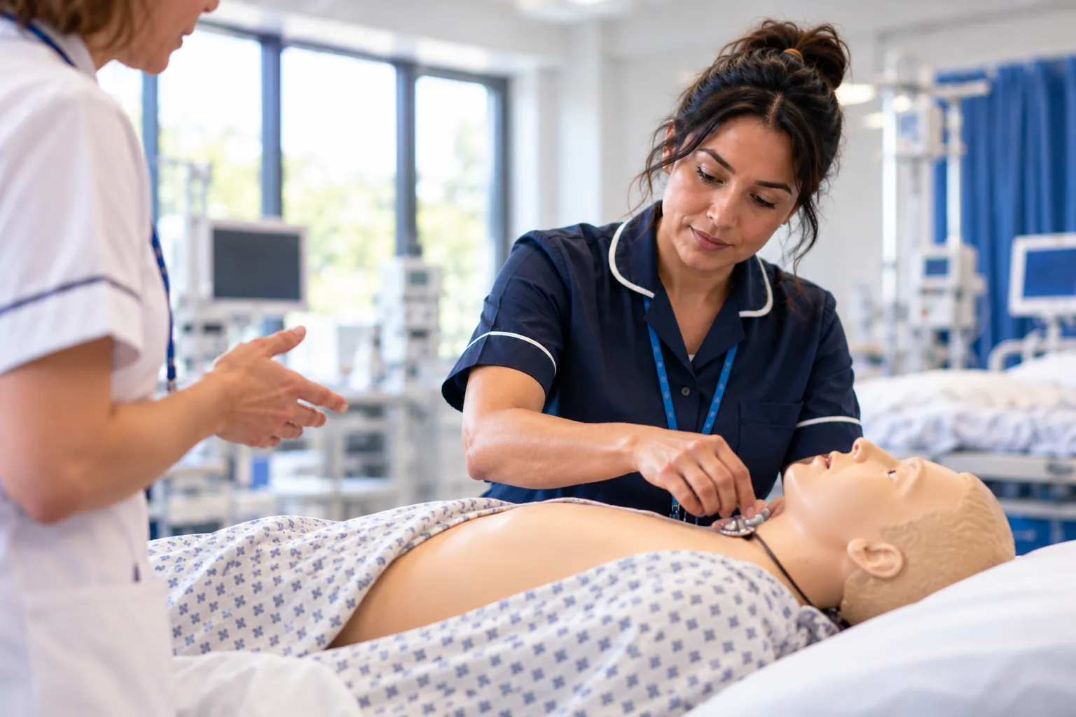 An adult student practising patient care on a training manikin in a university clinical skills room