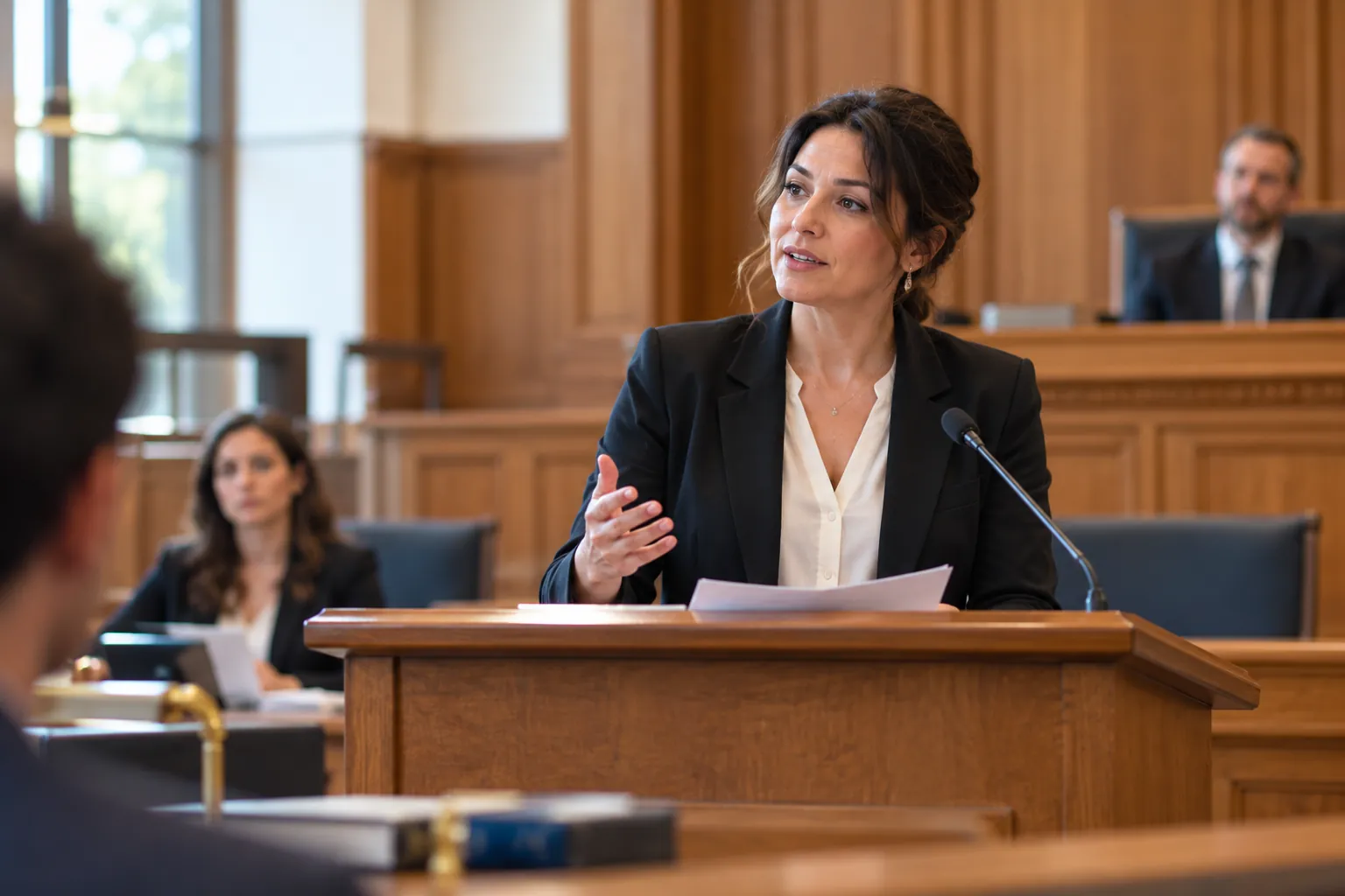 An adult law student presenting an argument at the lectern in a university mock courtroom