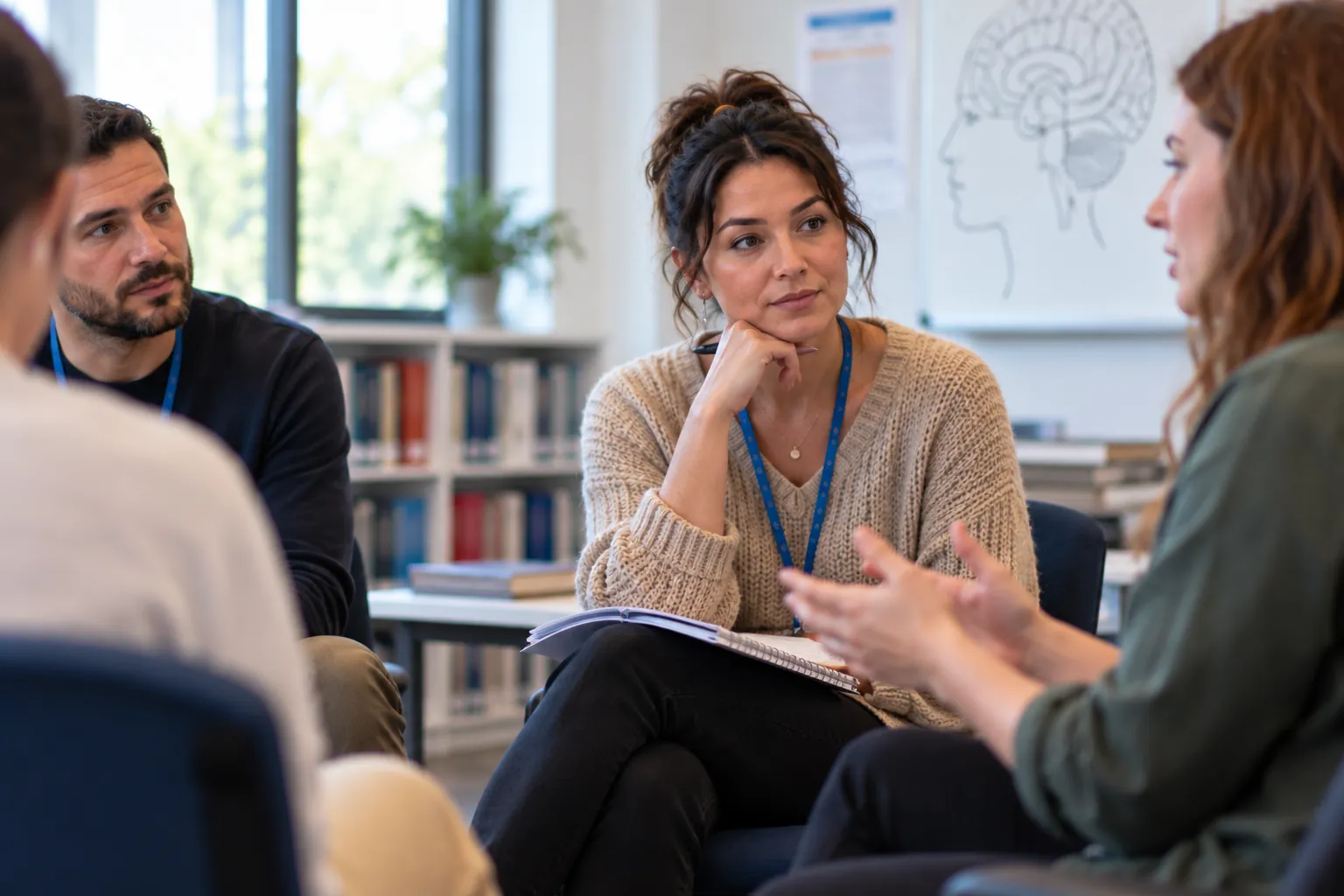 An adult student listening thoughtfully in a university psychology group discussion